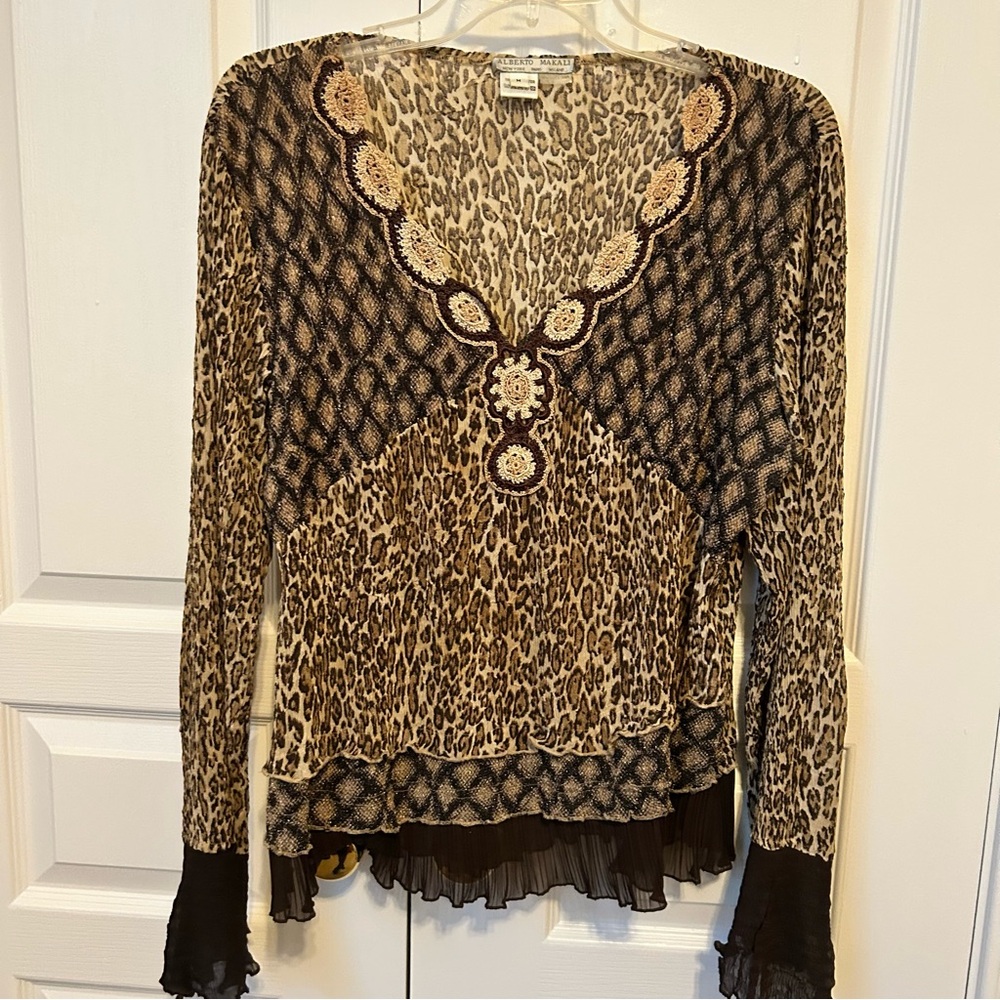 Vintage Alberto Makali Cheetah Print Crepe Long-sleeve Blouse Size Medium